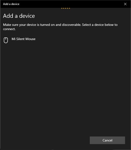 The Windows 10 Add a device wizard with a Mi Silent Mouse in the list of discoverable devices.