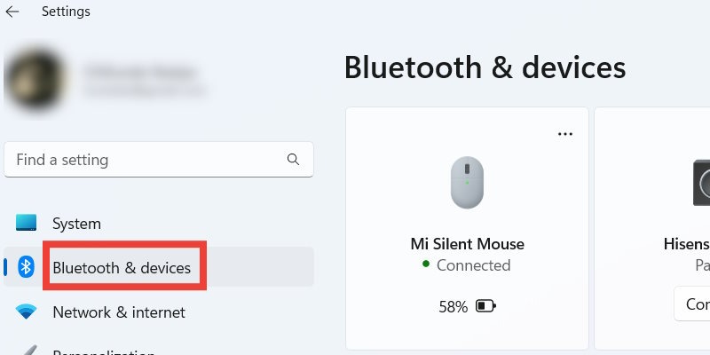 Windows 11 Settings with the "Bluetooth & devices" option highlighted.