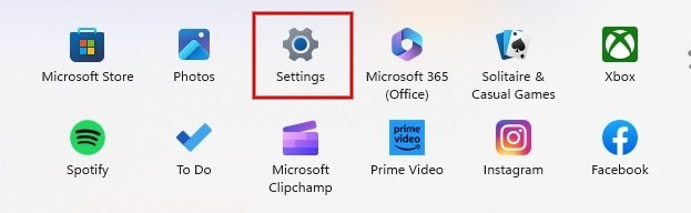 Clicking on "Settings" icon from Start menu. 