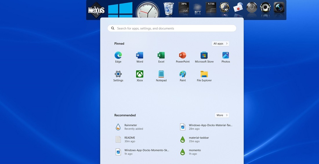 Winstep Nexus app dock opening the start menu in Windows 11. 