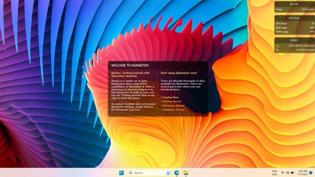 Rainmeter's default app dock on a Windows 11 desktop. 
