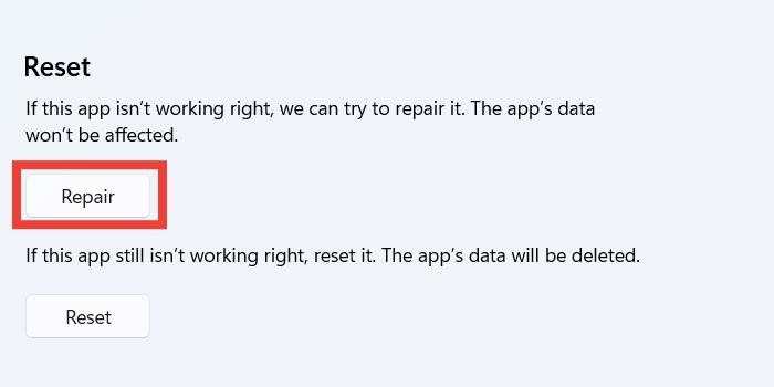 Clicking on "Repair" button under app in Settings. 