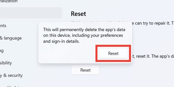 Reset pop-up confirmation message. 