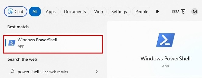 Type "powershell" in search box to get powershell app