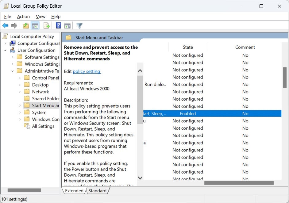 Accessing "Start menu and taskbar" folder in Group Policy Editor.
