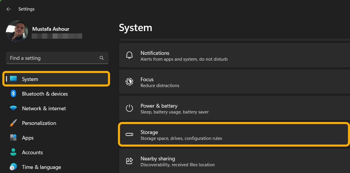 Navigating to "Storage" under "System" in Settings.