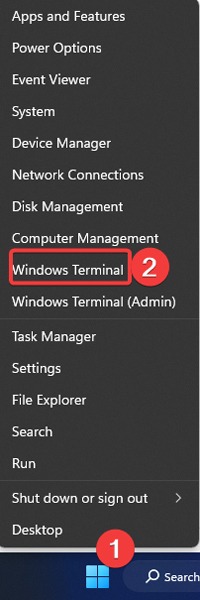 Selecting "Windows Terminal" from WinX menu.