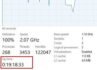View "Windows Up Time" below the performance graph.