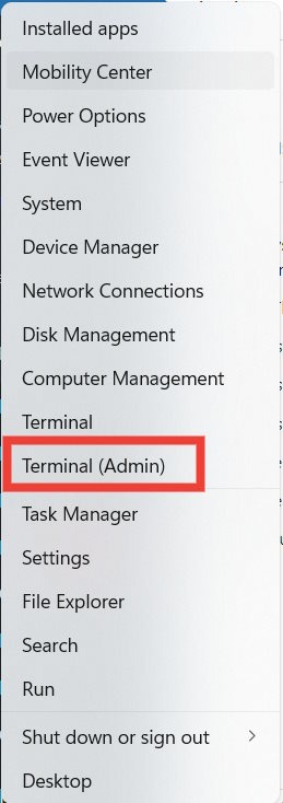 Clicking Terminal (Admin) from the WinX menu. 