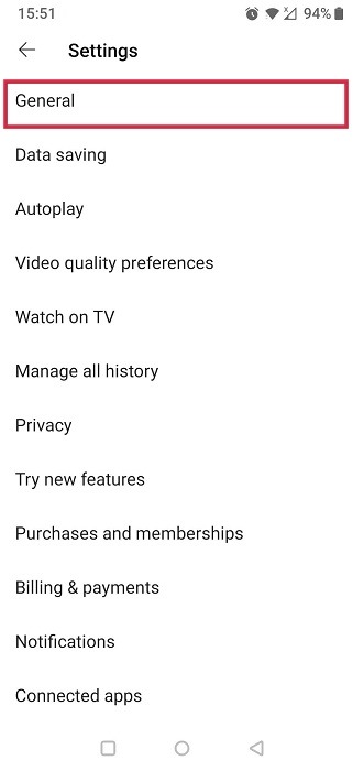 Tapping "General" in Settings of YouTube app for Android.