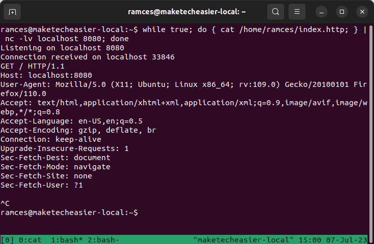 A terminal showing the closing process for the basic netcat webserver.