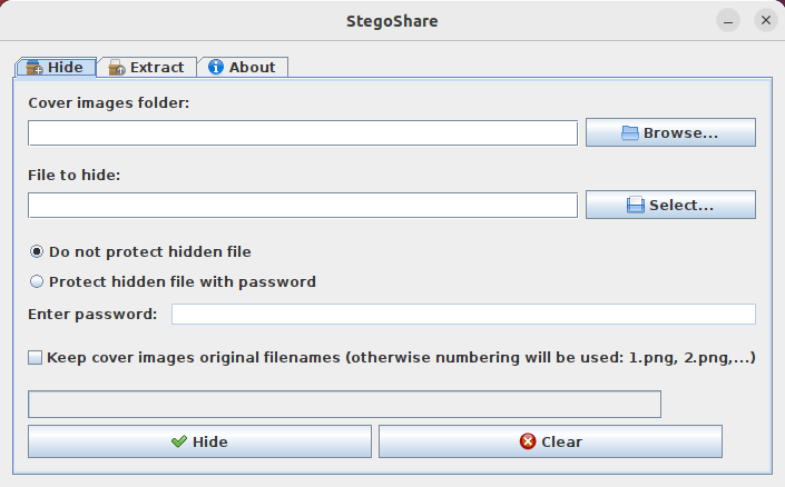 A window showing the basic interface for stegoshare.