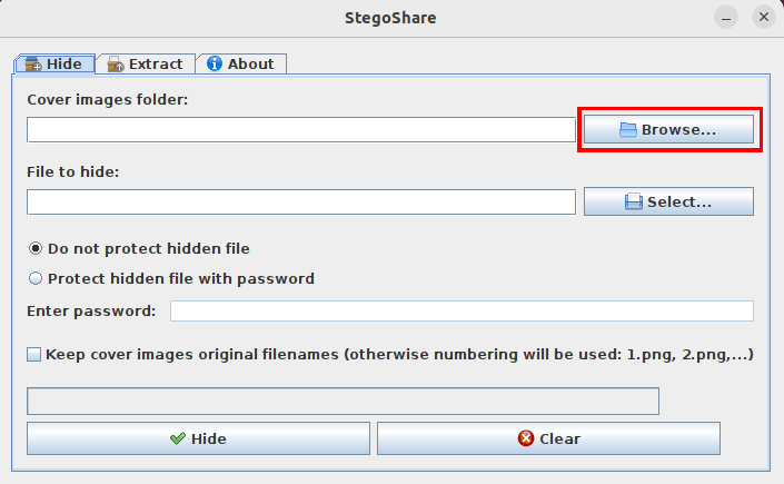 A window showing the browse button for stegoshare.
