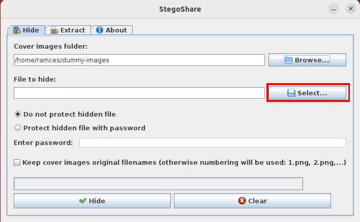 A window showing the select button in stegoshare.