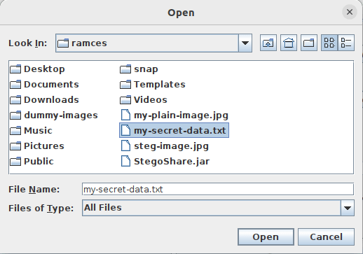 A window showing the data picker for stegoshare.