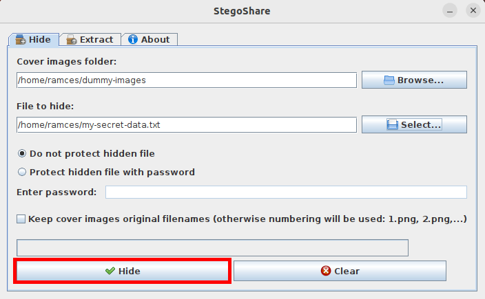 A window showing the hide button in stegoshare.