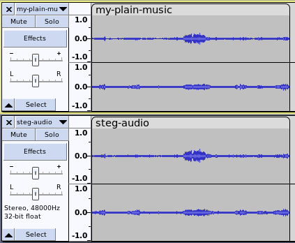 A screenshot of the comparison between a clean audio file and one filled with data.