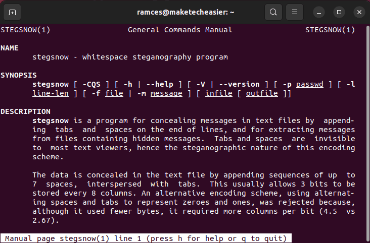 A terminal window showing the manpage for snow.