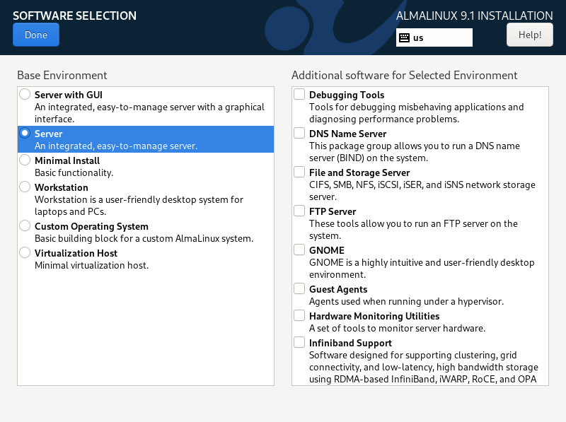 A screenshot of the AlmaLinux installer menu.