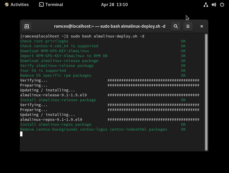 A screenshot of the AlmaLinux migration process.