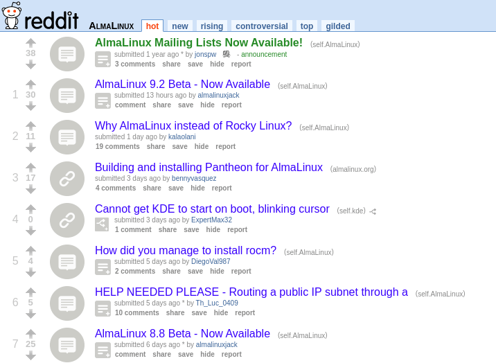 A screenshot of the AlmaLinux subreddit page.