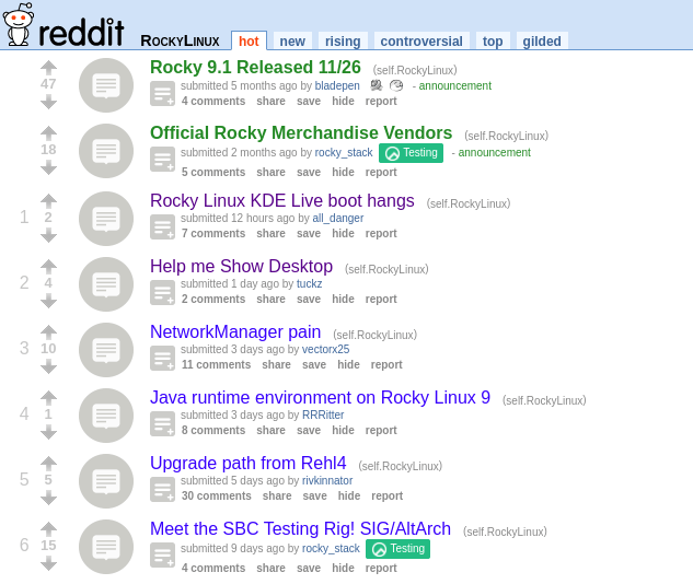 A screenshot of the Rocky Linux subreddit page.