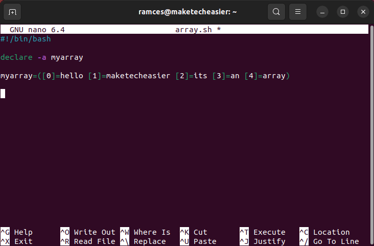 A terminal showing a basic array with 5 elements.