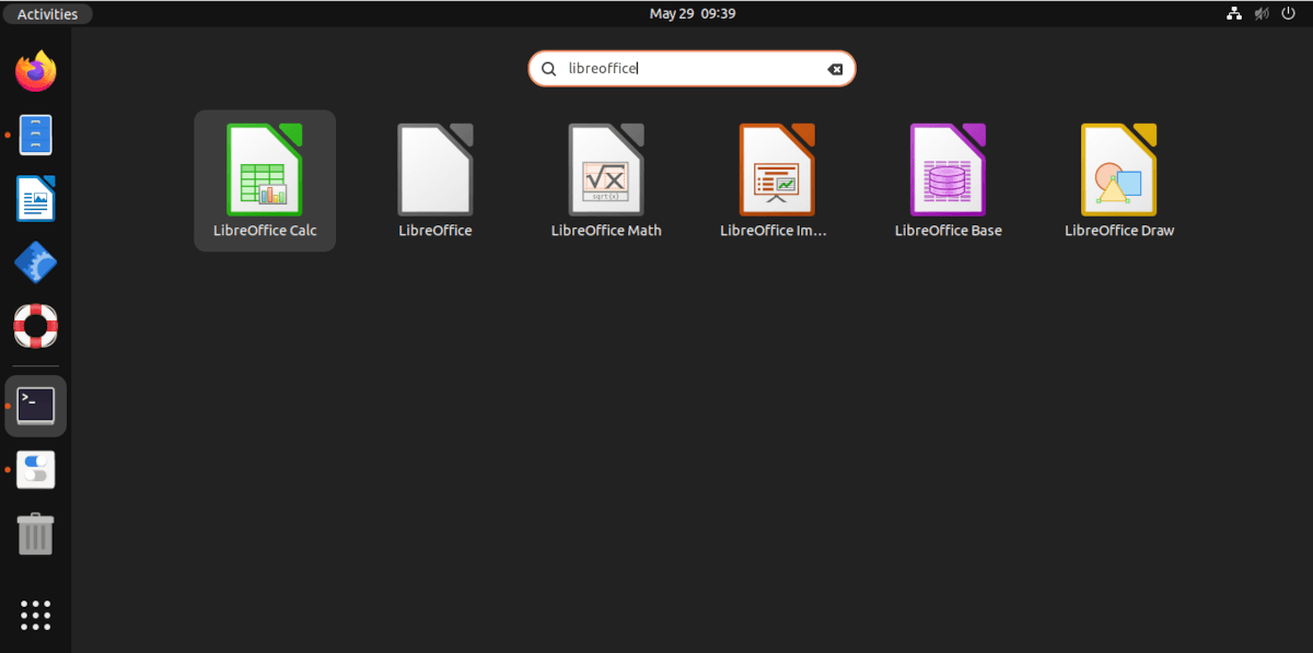 A screenshot of the Ubuntu menu screen with all of the Libreoffice icons.