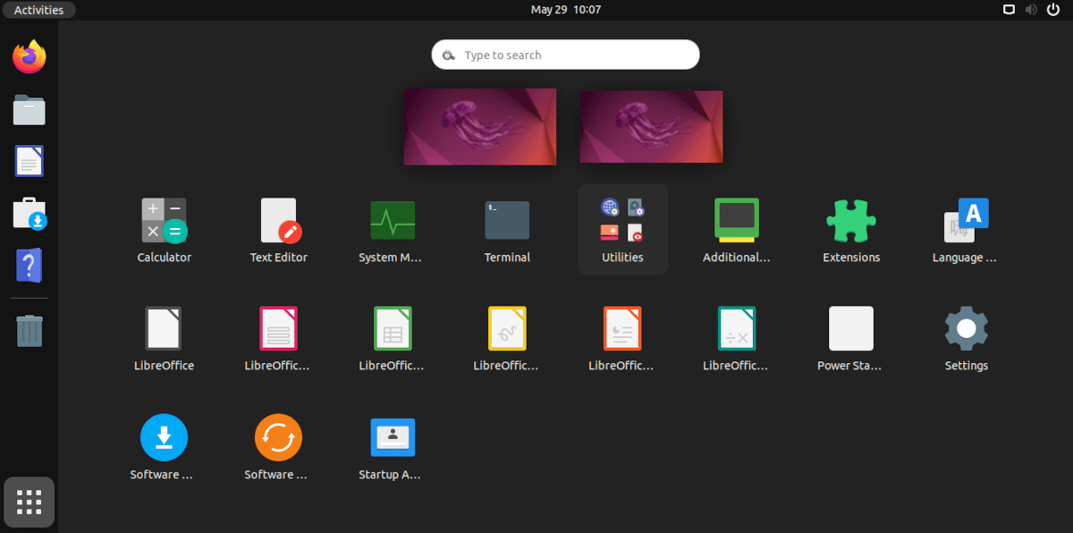 A screenshot of the Ubuntu menu screen with the Paper icon theme.