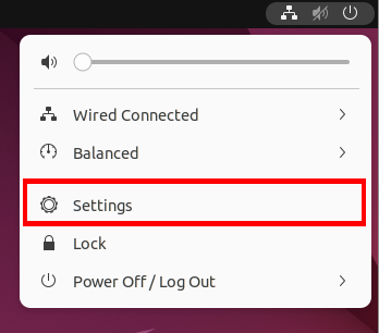 A screenshot of the power tray context menu with a highlight on the "Settings" option.