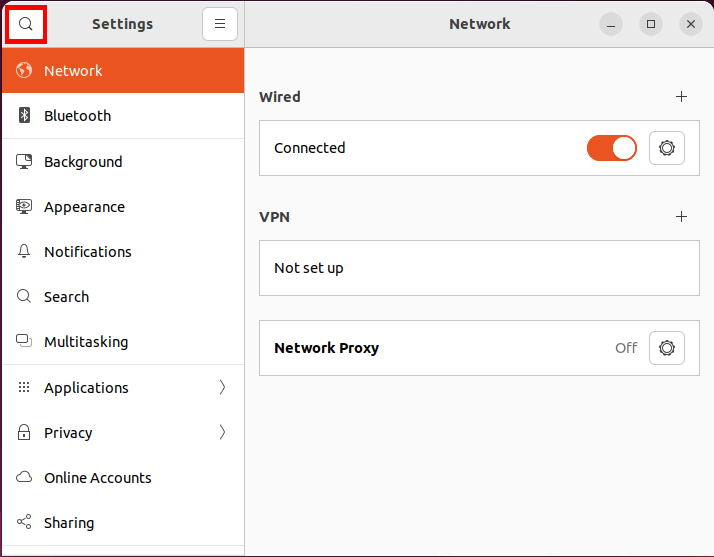 A screenshot of the Ubuntu settings window with a highlight on the Search button.