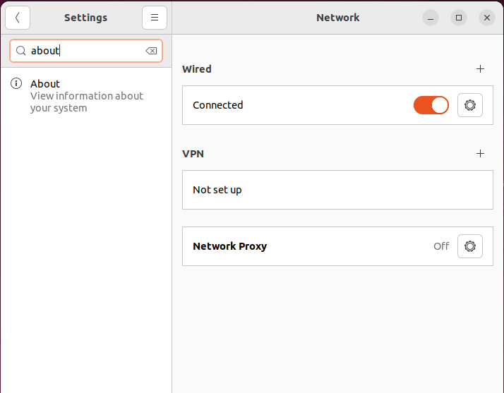 A screenshot of the Ubuntu settings window with the "about" search query.