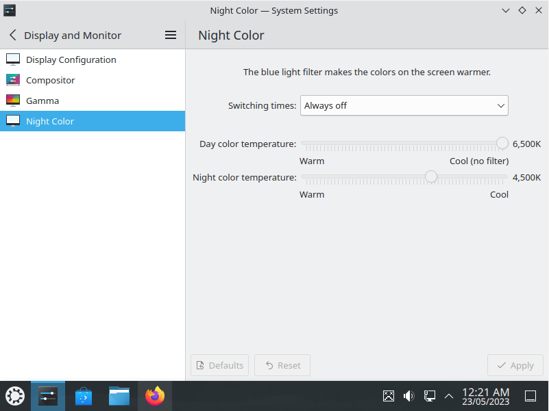 A screenshot showing KDE's night light function.