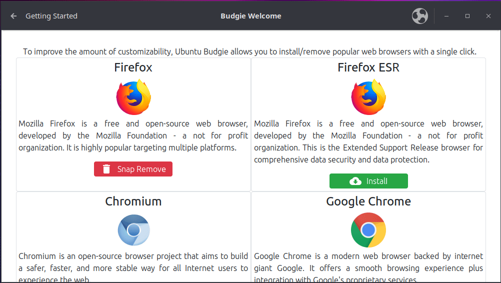 A screenshot showing the different web browsers available in Budgie.