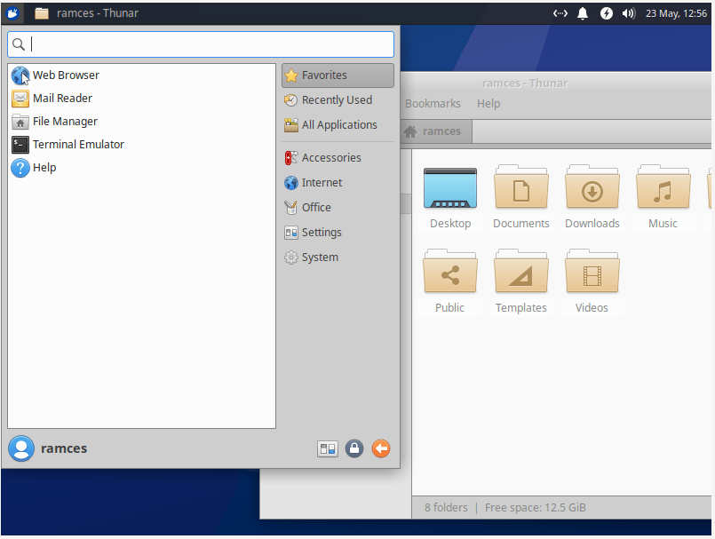 A screenshot showing the menu panel and the file manager in Xubuntu.