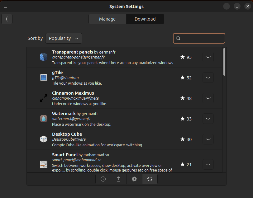 A screenshot showing the list of available spices for Ubuntu Cinnamon.