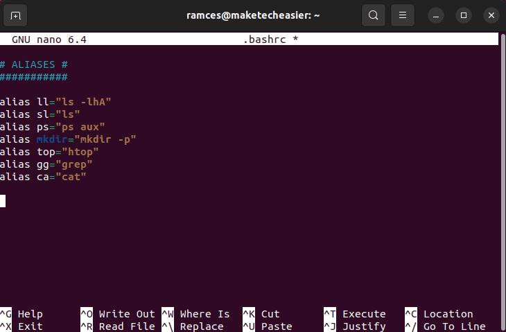 A terminal showing a list of basic aliases.