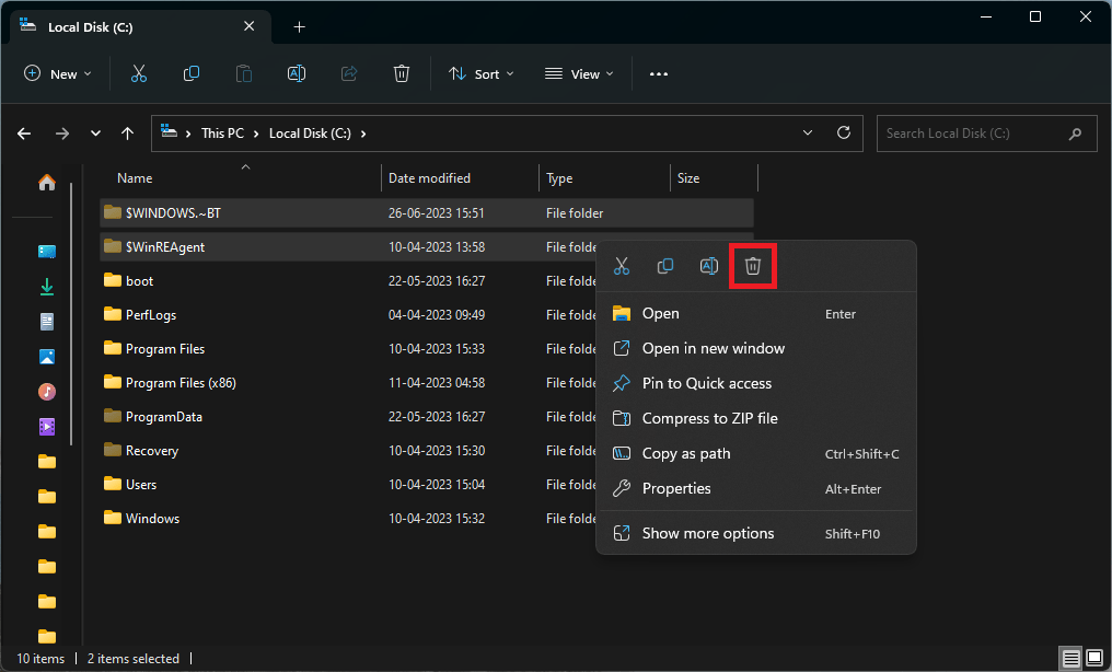 Deleting folders that start with "$" in File Explorer.