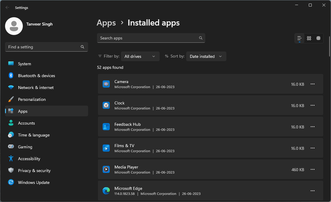 Installed apps on Windows PC view. 