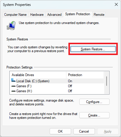 Starting a "System Restore" sequence in Windows. 