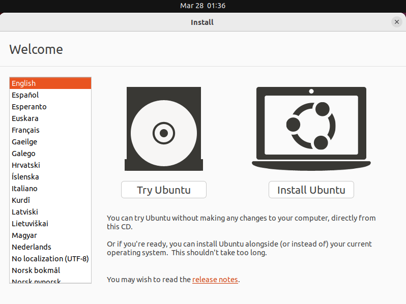 A window showing the welcome screen for Ubuntu Live.