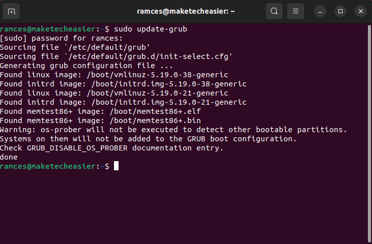 A window showing the GRUB update process for Ubuntu.