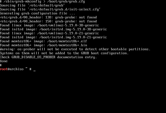 A screenshot showing grub-mkconfig program recreating the system's GRUB configuration.