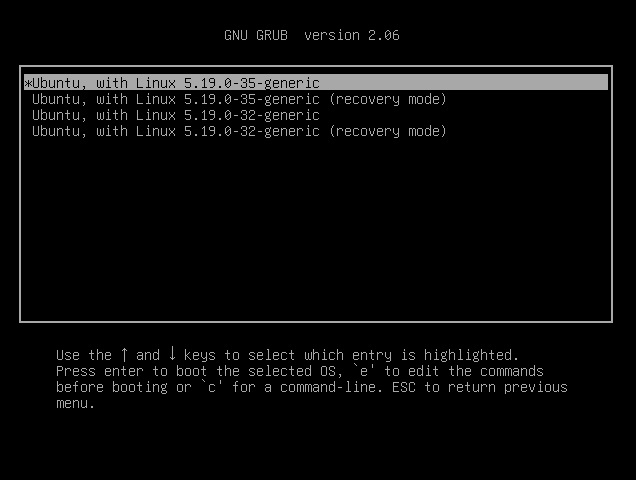 A screenshot of the Linux kernel selection screen in GRUB 2.