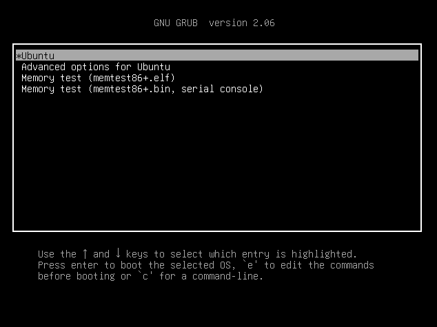 A screenshot of the default GRUB 2 bootloader in Ubuntu Linux.