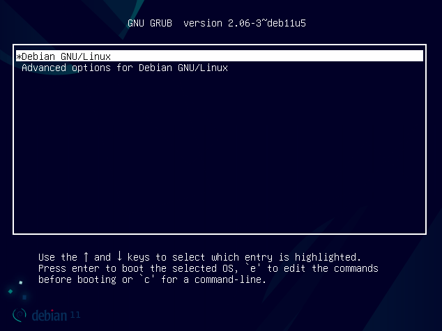 A screenshot of the GRUB 2 bootloader menu in Debian 11.
