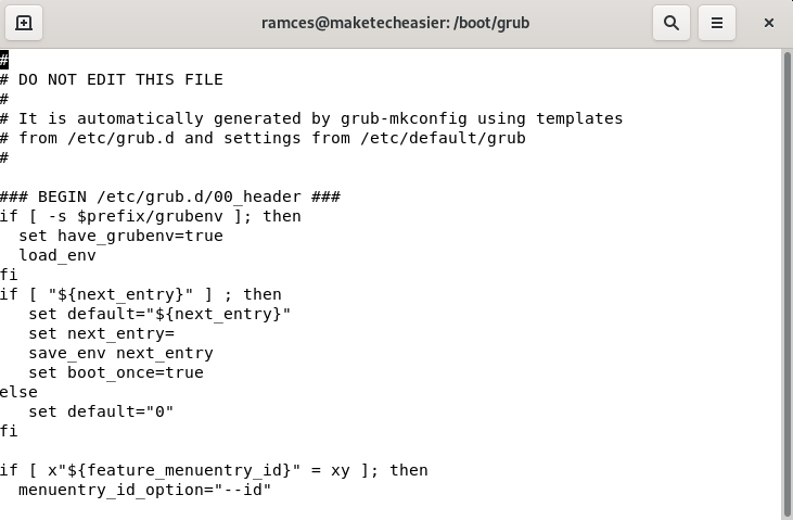 A screenshot of a terminal window showing the grub.cfg file in Debian.