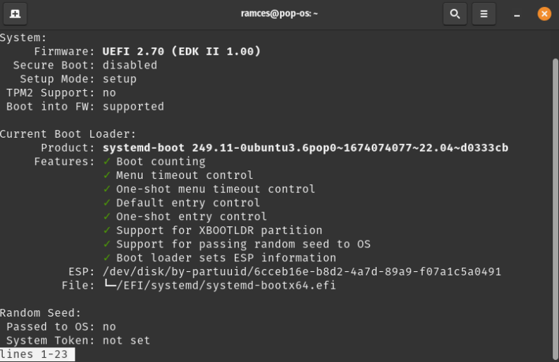 A screenshot of a terminal window showing the default EFI configuration for Pop!_OS.