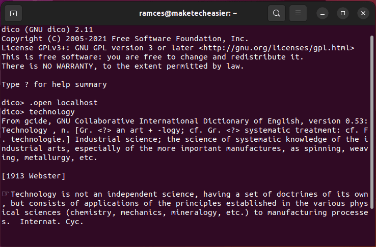 A terminal window showing a dictionary entry from a DICT server.