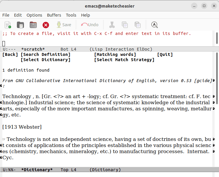 An Emacs window showing its integration with the DICT protocol.